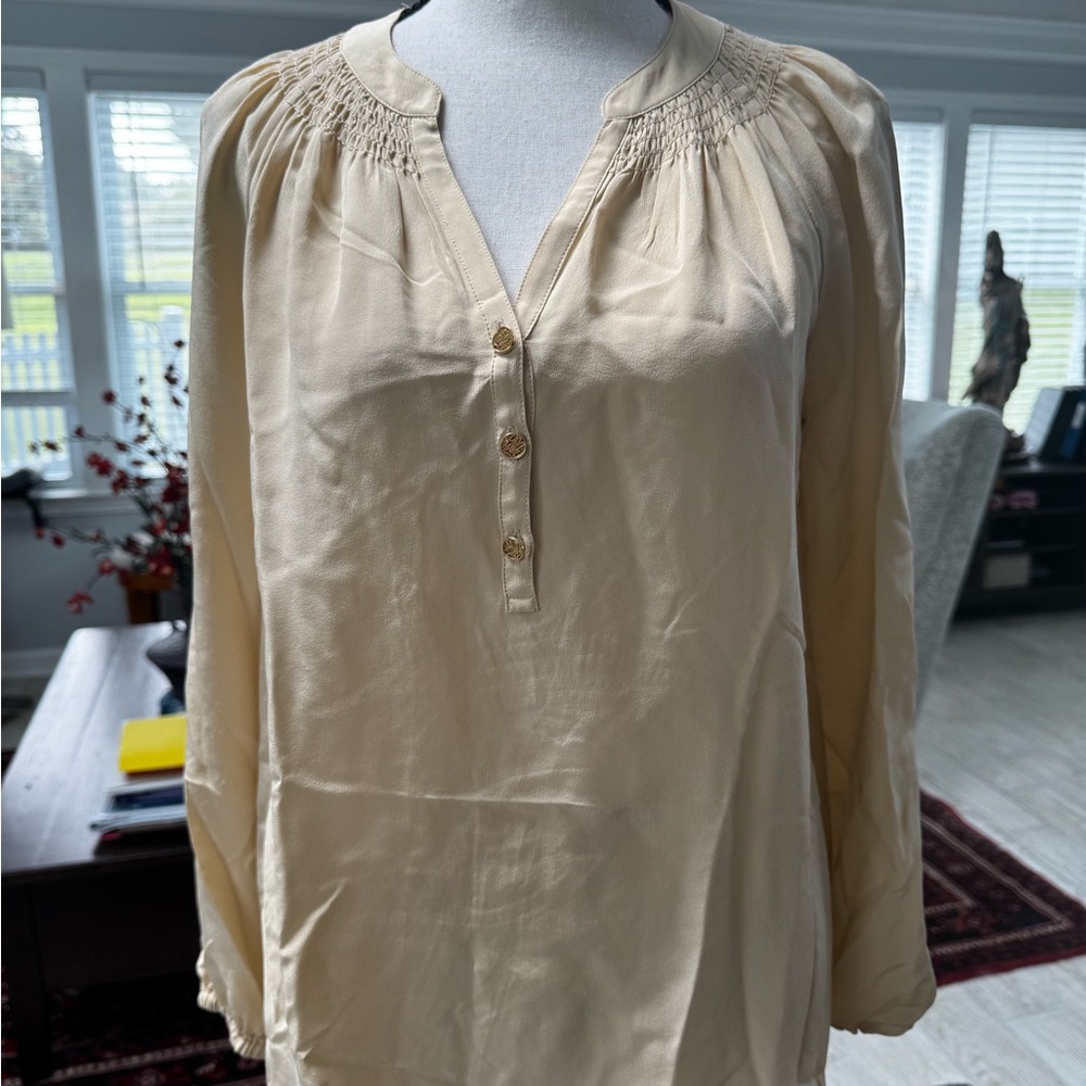 Lilly Pulitzer Tan Blouse with 3/4 Sleeves and Mandarin Collar
